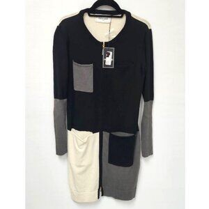 Eva & Claudi Women's Black/White/Grey Checkered Long Zip-Up Cardigan Size S